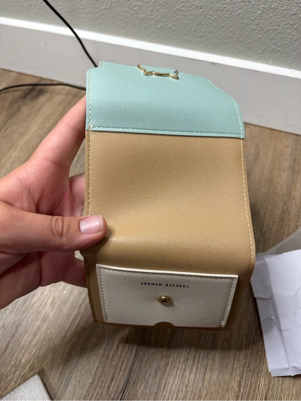 Forever Memory Color Block Trifold Wallet Cat Clasp NWT Korean Style Blue/Tan